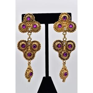Vintage Clip On Earrings Antiqued Gold Purple Rhinestone Dangle Statement BinBK